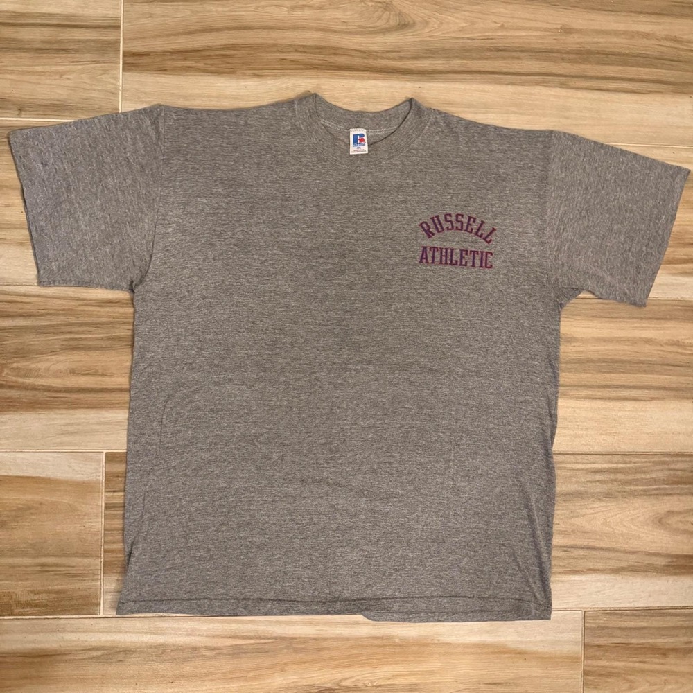 Vintage 90s Russell Athletic Spellout Logo Gray T Shirt Made in USA XXL